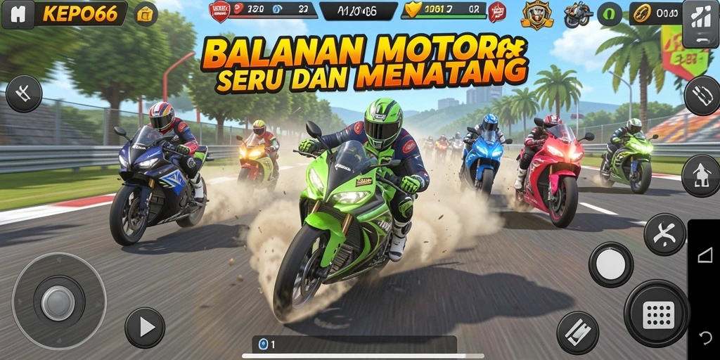 Gameplay seru KEPO66 dengan balapan motor di trek menantang.