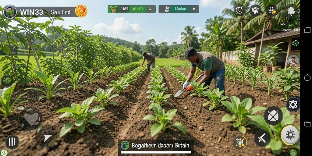 Screenshot gameplay WIN33 yang menampilkan kebun yang rimbun dan subur.